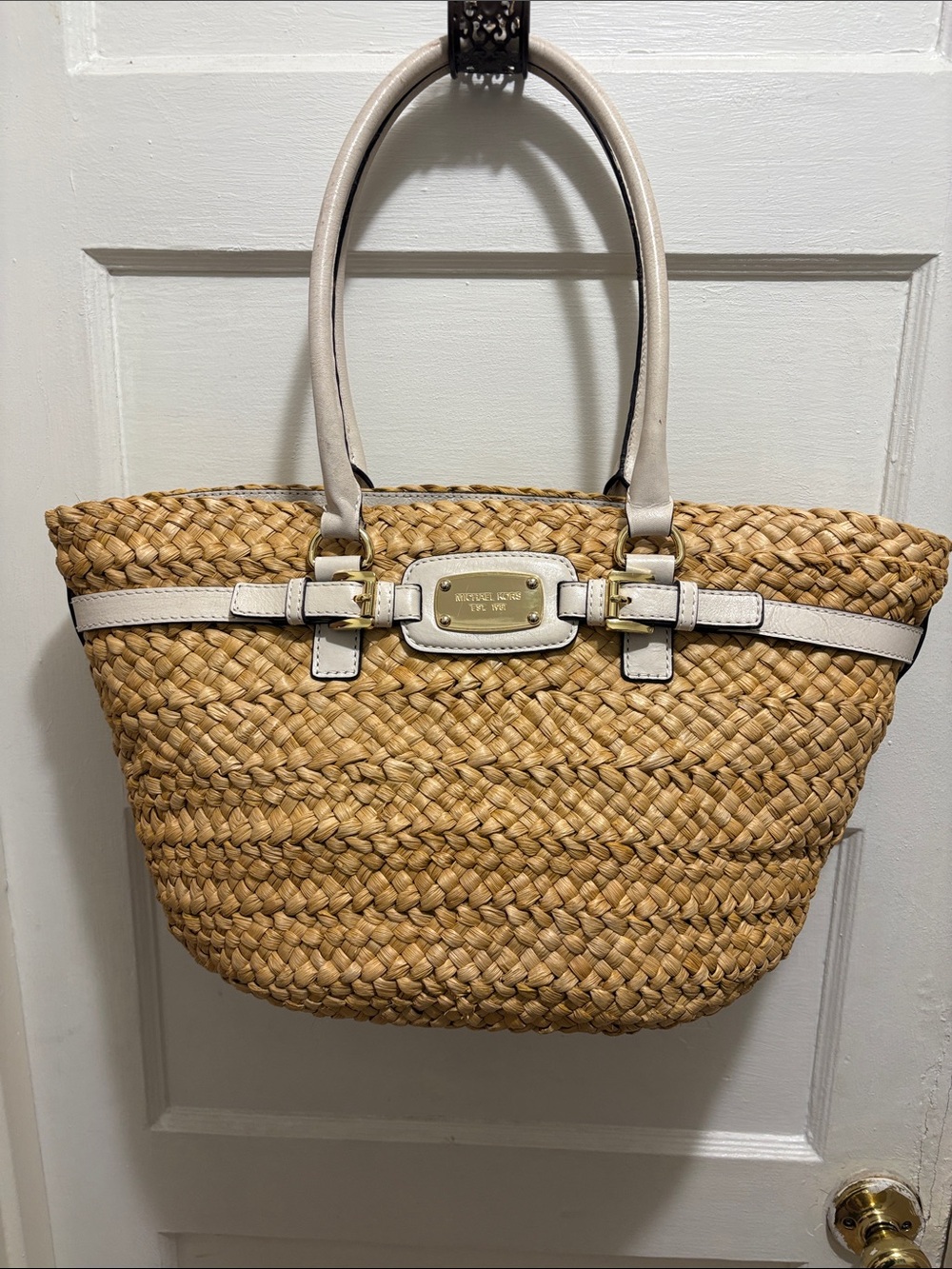 Michael Kors Natural Straw Tote with Cream Leather Trim